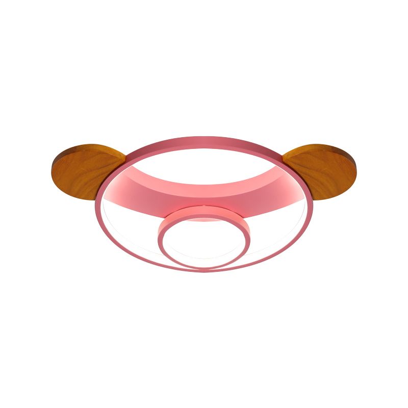 16"/19.5" W Bear Head Shape Flush Lamp Cartoon Metal LED Bedroom Flush Mount in Pink/Blue and Wood, Warm/White Light