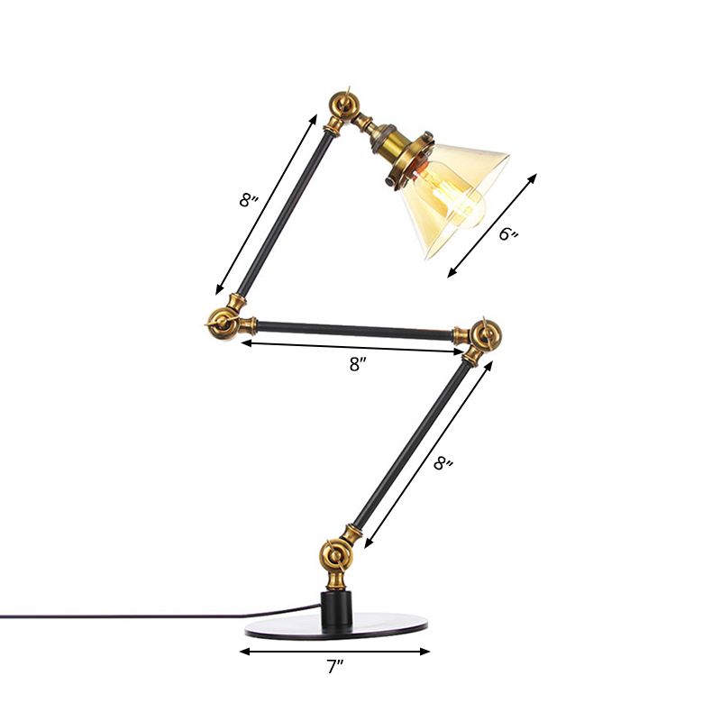 Table conique de style industriel clair Ambre / verre transparent et métal 1 lampe de table de chambre à coucher légère avec bras réglable en noir / laiton