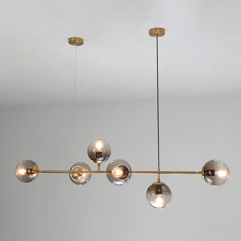 Smoke Grey Glass Globe Pendant Postmodern 6 Bulbs Gold Island Light Fixture for Dining Room