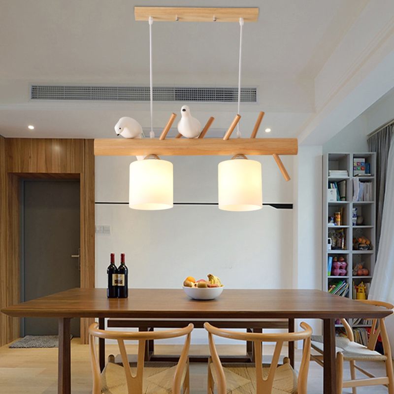 Cylindrical Large Kitchen Pendant Lights White Glass Modern Island Chandelier Lights with Bird Decoration for Restaurant