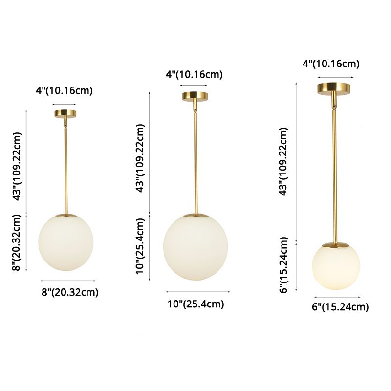 1-licht witte glasbol hanglamp gouden moderne stijl hangende verlichting met 43,3 "gesuspendeerde paal