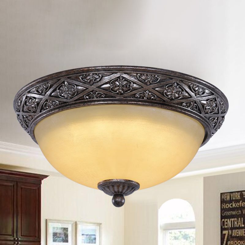 2 Bulbs Close to Ceiling Light Traditional Carved Floral Patterned Dome Frosted Glass Flush Mount in Black