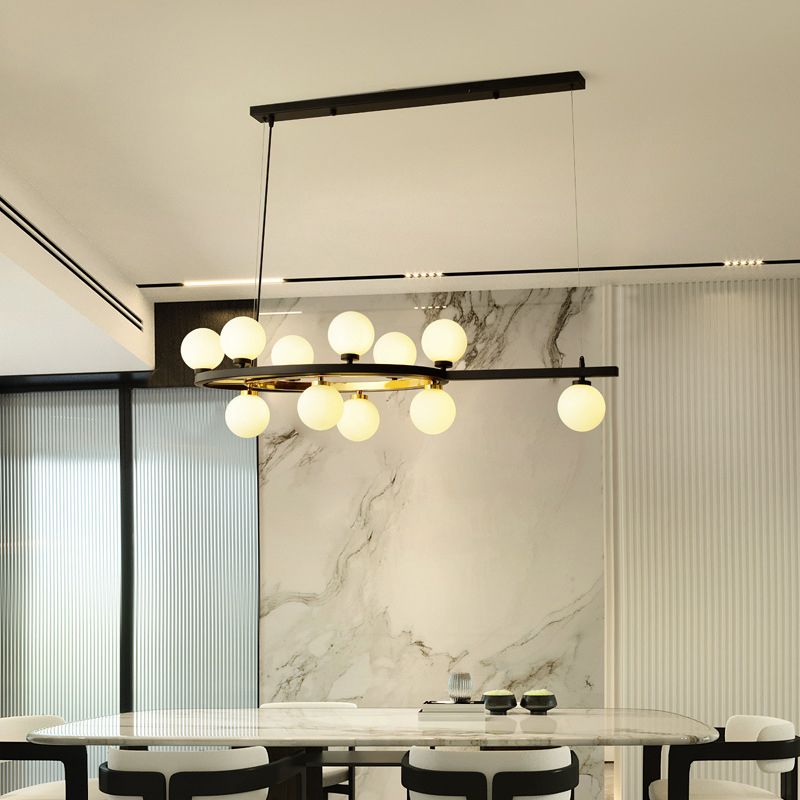 Black Oval Hanging Light Fixture Nordic 11 Heads Metal Island Lighting with Ball Opal Glass Shade