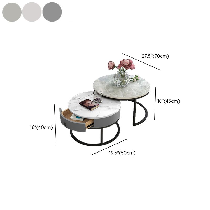 Slate Round Frame Coffee Table Modern Nesting Coffee Table Set with Drawer