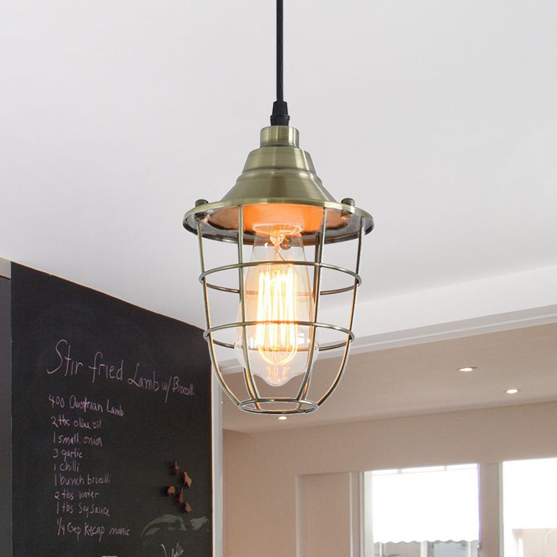 Filo Cage comodino appeso la spia industriale in metallo vintage 1 lampadina in ottone/finitura cromata mini ciondolo