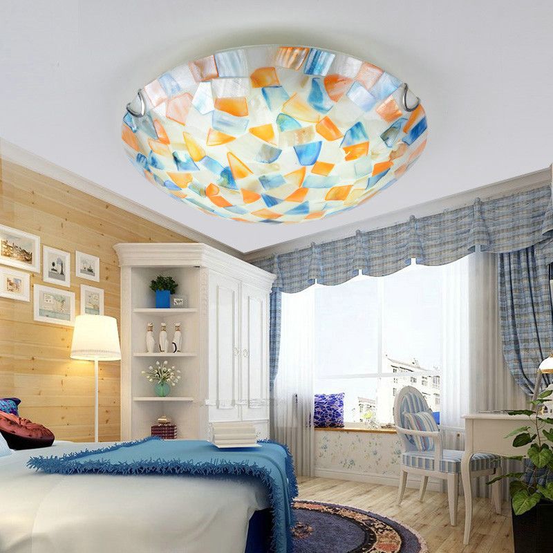 Tiffany Style Mosaic Shade Flush Ceiling Light Shell Flush Mount Lighting Fixture for Bedroom