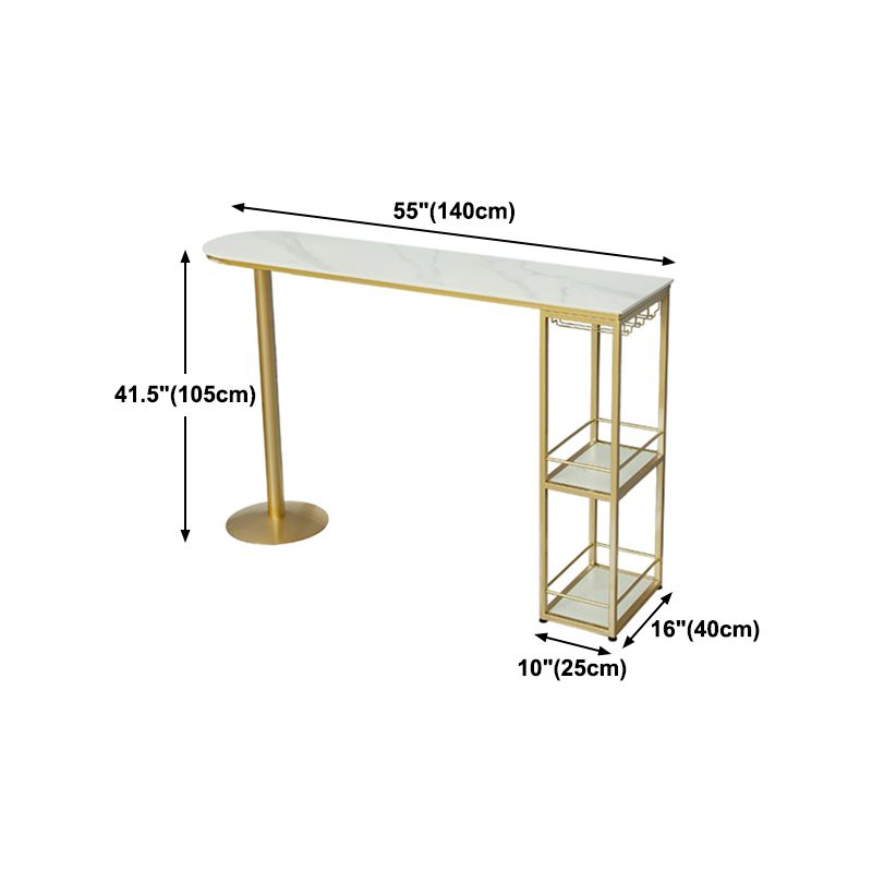 White Stone Glam Indoor Bar Dining Table Gold Double Pedestal Bistro Table with Shelve