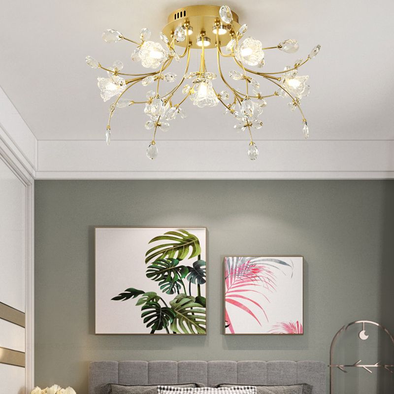 Contemporary Flower-Shaped Flush Light Crystal Flush Mount Ceiling Fixture in Gold
