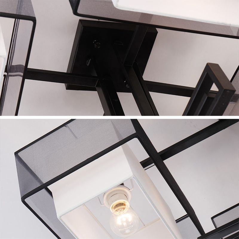 Plafoniera quadrata da incasso a 4 luci in stile classico tradizionale in ferro battuto con paralume in lino