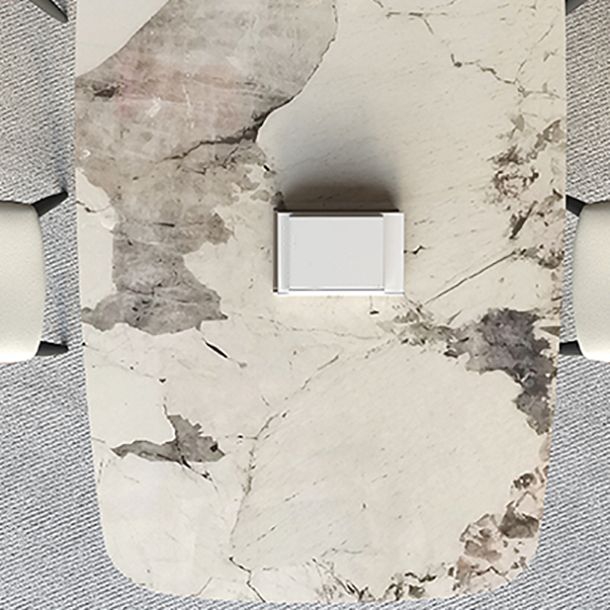 Mesa de comedor contemporánea rectángulo mesa de piedra sinterizada blanca con base de metal negro