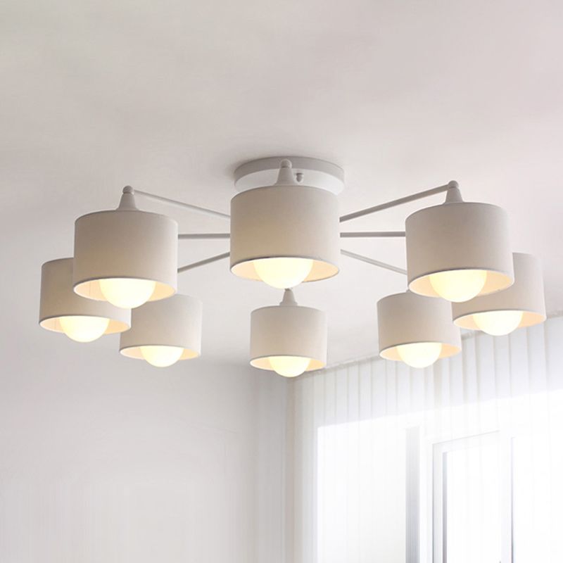 Fabric Sputnik Hanging Ceiling Light Minimalist 8 Lights Black/White/Flaxen Pendant Chandelier for Living Room