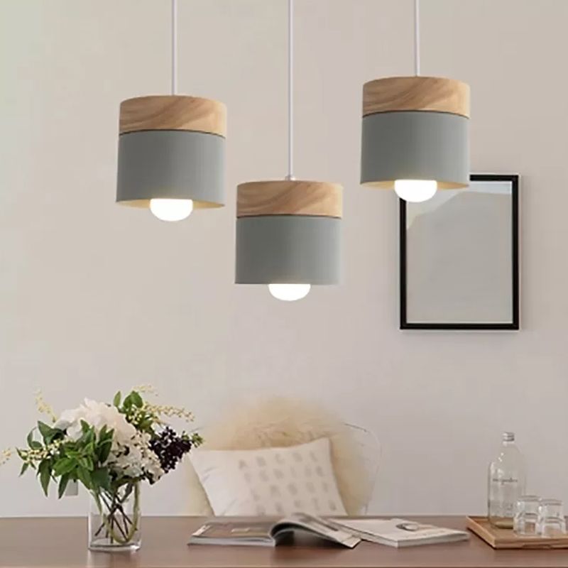Wooden Cylindroid Pendant Light in Modern Artistic Style Iron Macaron Hanging Lamp for Dining Room