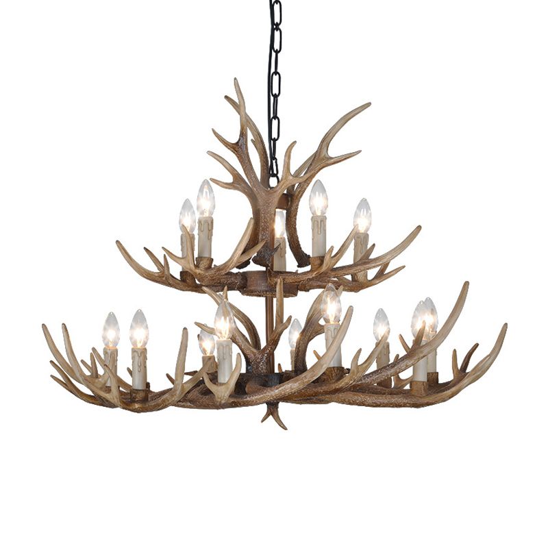 Brown 4/6/8 têtes CHANDELIER LIGHTING RUSTIC Resin Resin Candle Suspension Lampe avec bois pour salle à manger