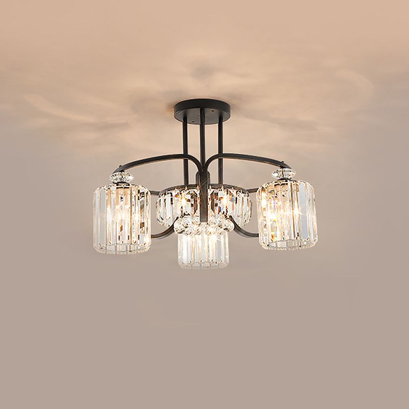 4/8 têtes salle à manger d'éclairage semi-montage luminaire de lampe de plafond noir moderne avec nuance cylindrique en cas de cristal clair