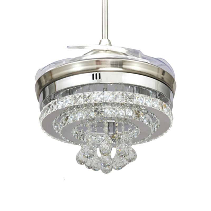 Minimalistische LED -hangerse ventilator Licht Chrome Circle 4 Blades Semi Flush Mount met afgeschuinde kristalschaduw, 19 "W