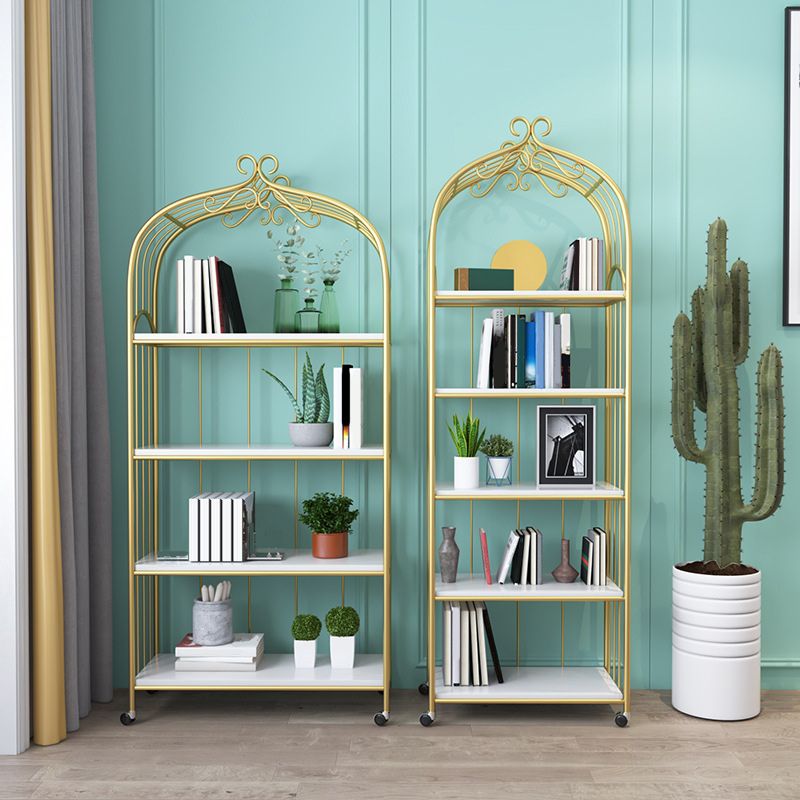 Gold Vertical Bookshelf Iron Frame Solid Wood Shelf Bookcase with Caster Wheels