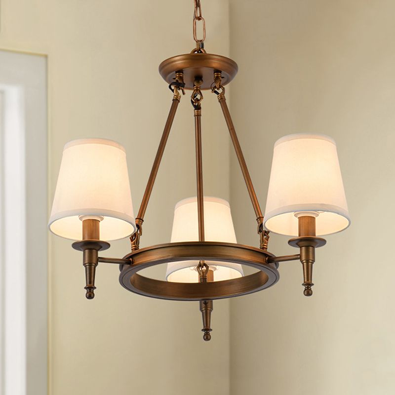 Conical Living Room Ceiling Chandelier Classic Fabric 3/6/8 Lights Antique Brass Hanging Fixture