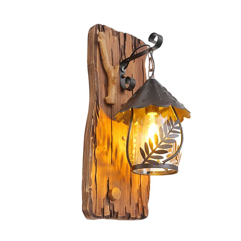 House Clear Glass Wall Mounted Light Farmhouse 1 Light Corridor Leaf Wall Lighting Ideas in Brown with Wood Backplate