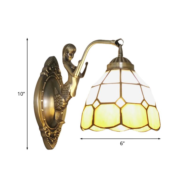1 Bulb Living Room Wall Mounted Light Baroque Bronze Mermaid Wall Lamp with Grid Dome Dark/Sky Blue and White Glass Shade
