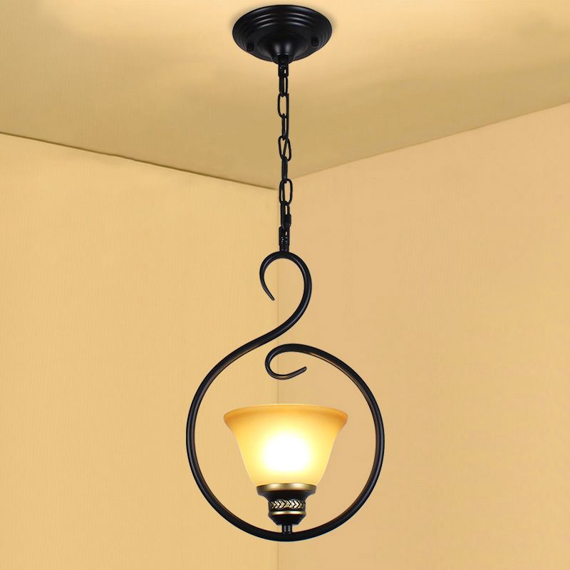 Black Bell Shade Ceiling Light Traditional Opal Glass 1 Head Dining Room Hooded Hanging Pendant Light