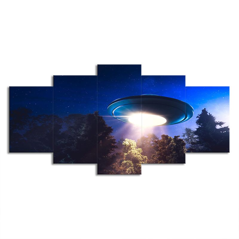 Kids Alien Flying Saucer Canvas Art Dark Blue Multi-Piece Wall Decor for Bedroom