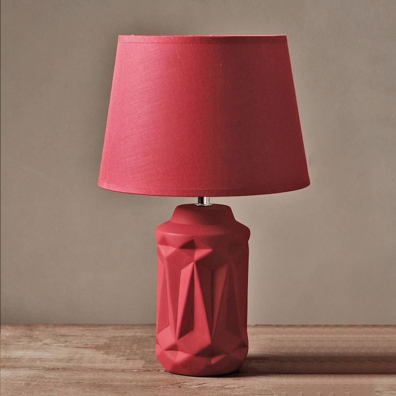 Ceramic Red Night Table Light Geometric-Cut Cylinder Single Minimalistic Nightstand Lamp