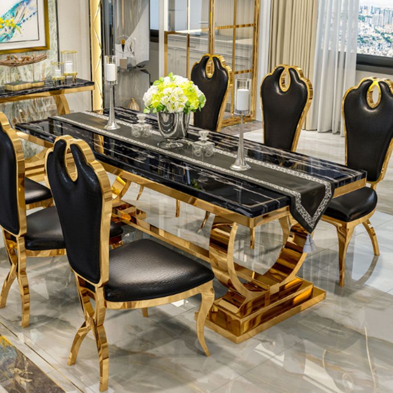 Stainless Steel Traditional Luxury Rectangle Table Marble Top Table with Trestle Base