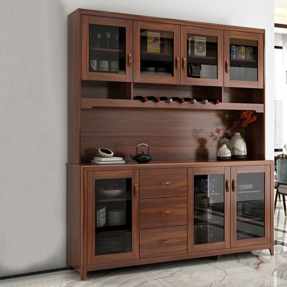 Ultra Modern Rubber Wood Dining Hutch Glass Doors Storage Cabinet with Drawers