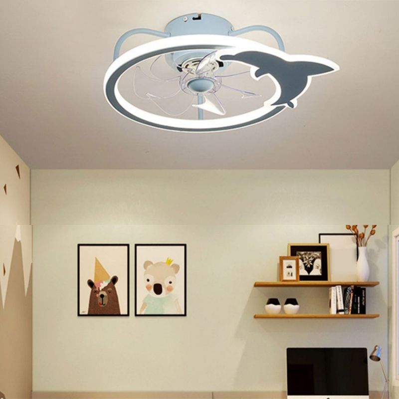 Dolphin Ceiling Fan Light Fixture Cartoon Acrylic Nursery LED Semi Flush Light