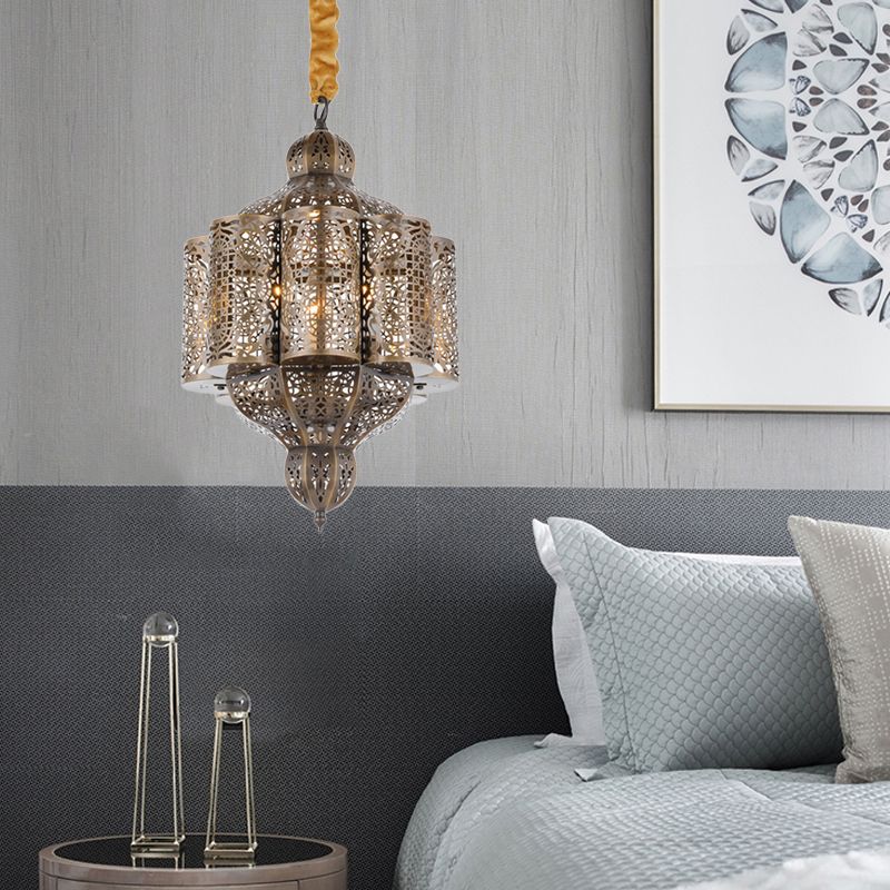 3 Lights Metal Hanging Chandelier Vintage Brass Castle Shape Living Room Suspension Lamp with Hollowed Out Design