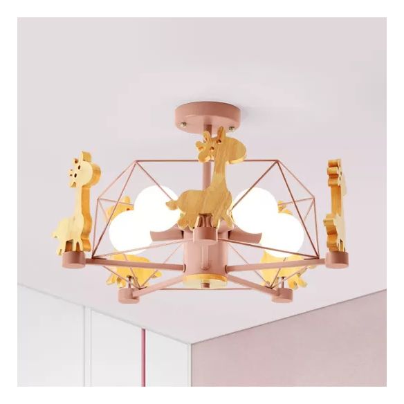 Wire Frame Semi Flush Mount Light with Giraffe 5 Heads Kids Metallic Ceiling Lamp for Child Bedroom