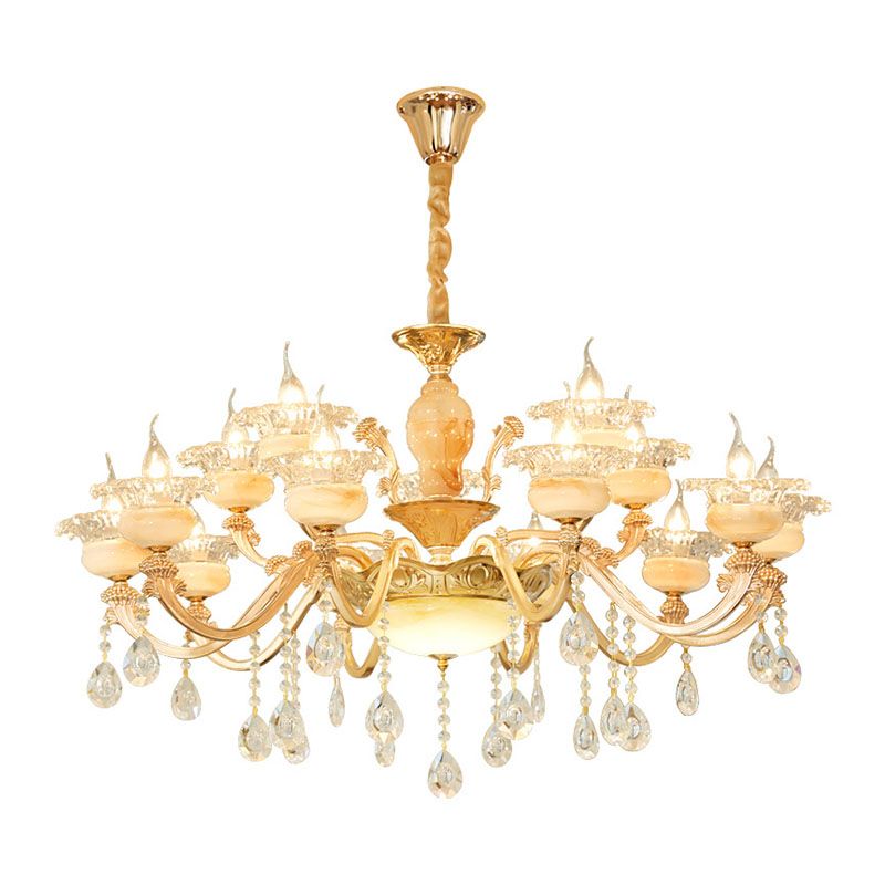 Floral Living Room Ceiling Pendant Rustic Jade Gold Chandelier Lighting Fixture with Crystal Draping