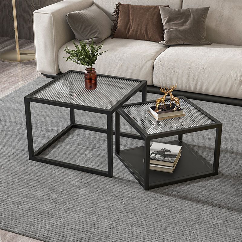 Contemporary Square Nesting Coffee Table Set with Glass Top and Iron Base