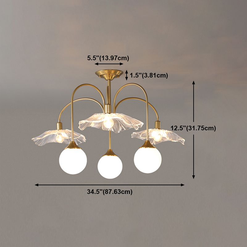 Metal Semi Flush Lamp Traditional Multi-Head Bedroom Ceiling Lighting with Glass Shade