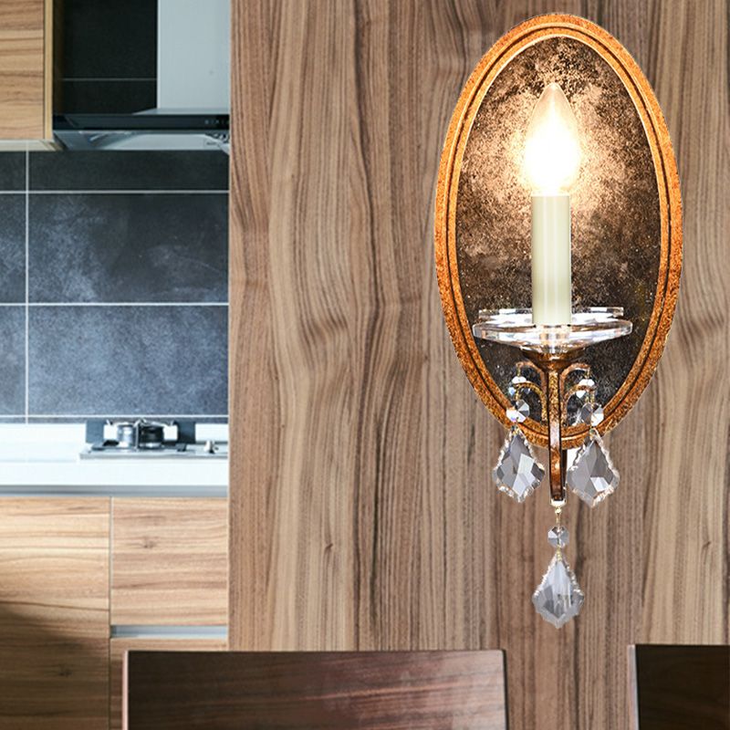 Open Bulb Wall Sconce French Country Clear Crystal 1 Head Antique Brass Wall Lighting with Oval Backplate