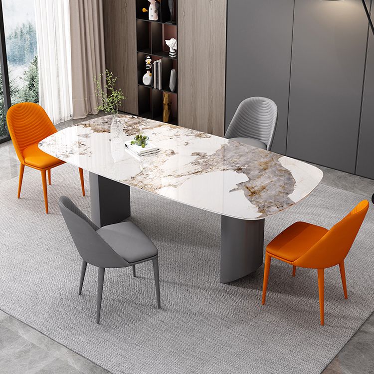 Sintered Stone Top Dining Table in White Modern Rectangle Table with Double Pedestal