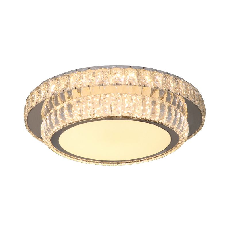 LED Lighting Fixture Contemporary 2-Tier Circular Clear Rectangular-Cut Crystals Flush Mount in Nickel