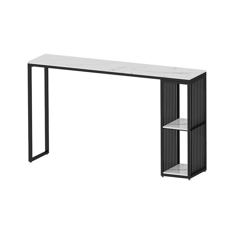 Glam Rectangle Faux Marble Bistro Table Iron Double Pedestal Bar Dining Table with 2-Shelf