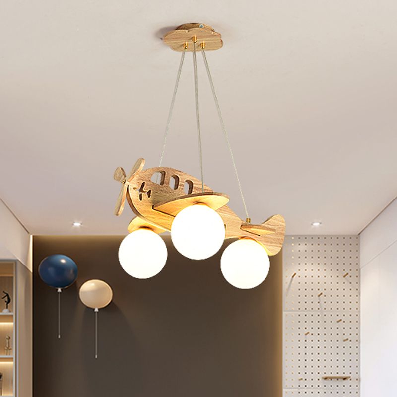 Modern Artistic Airplane Chandelier Wooden Indoor Hanging Lamp with White Glass Shade