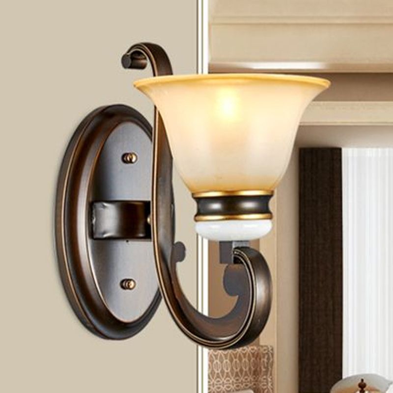 1/2-Light Bell Wall Light Antique Style Black Frosted Glass Wall Sconce with Curvy Arm for Bedroom