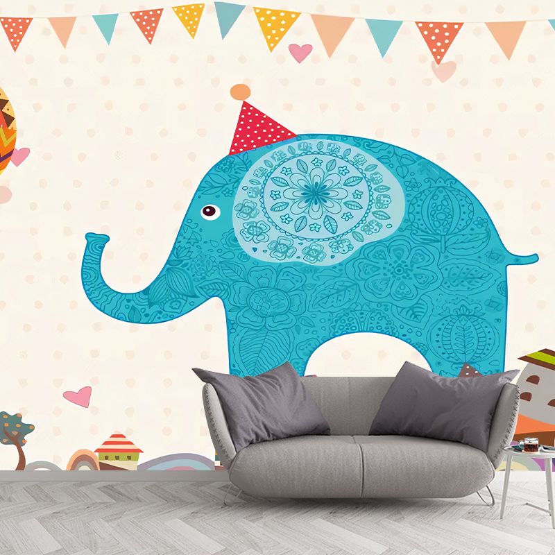 Blue Elephant Print Wall Murals Water Resistant Wall Covering for Nursery School