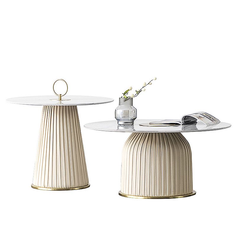 Glam Stone Top Coffee Table Pedestal Round Cocktail Table in White