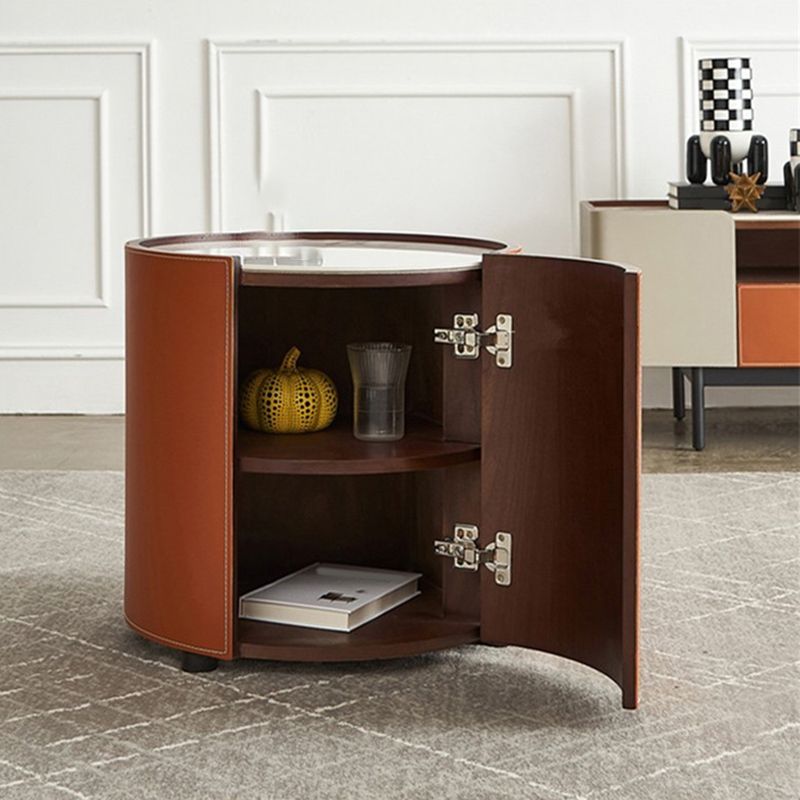 Contemporary Round Coffee Table Leather and Stone Coffee or End Table Drum