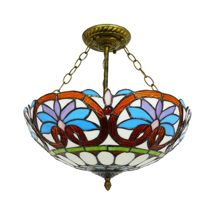 12"/16" Wide Victorian Design Bowl Ceiling Fixture Tiffany Style Stained Glass Semi Flush Mount Light in Red/Purple/Brass/Orange-Blue/Orange-Purple for Villa