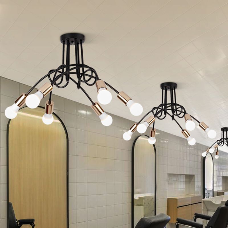 Iluminación de montaje semiempotrado trenzado negro/dorado con bombilla abierta, lámpara de techo de cocina de metal industrial de 3/5/6 luces