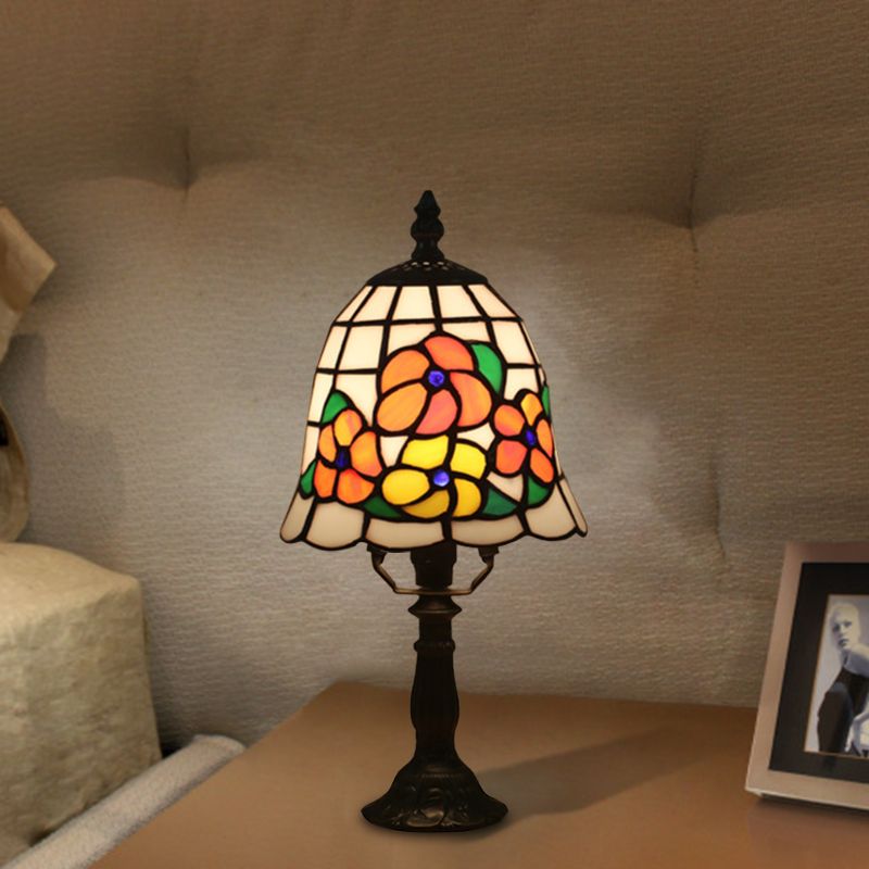 1 Bulb Night Lighting Baroque Bell Shade Stained Art Glass Table Light in Pink/Orange with Bloom Pattern for Bedside
