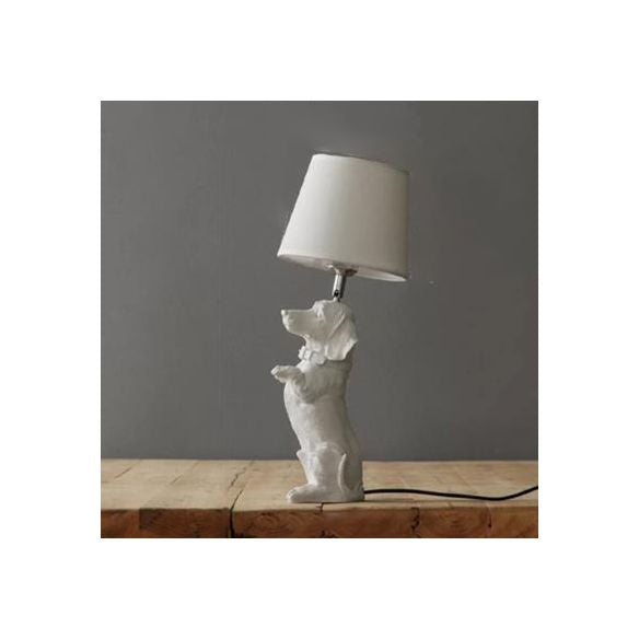 Dog Study Room Table Light with Fabric Shade Resin Single Bulb Modern Table Lamp in White