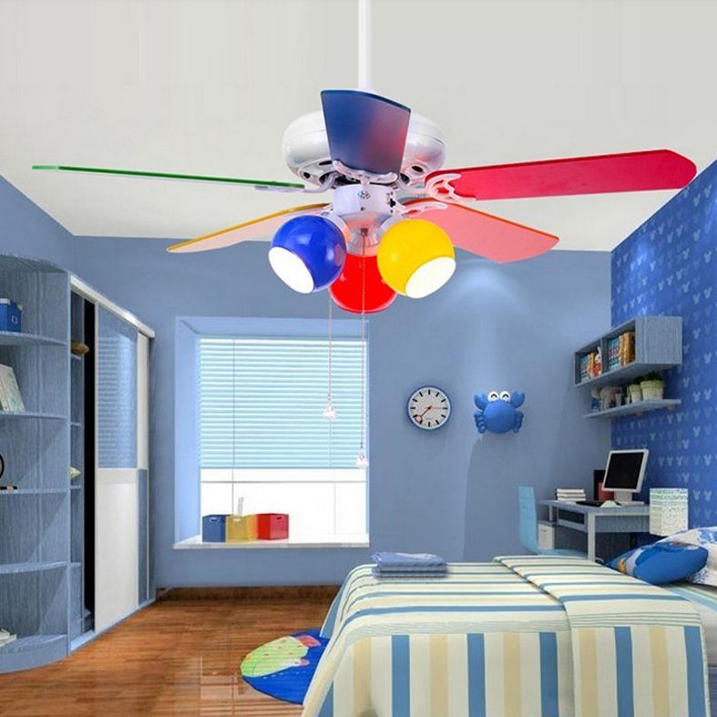 Multicolored Glass Dome Shade Hanging Fan Lamp Macaron 3-Light Red-Yellow-Blue Semi Flush Light