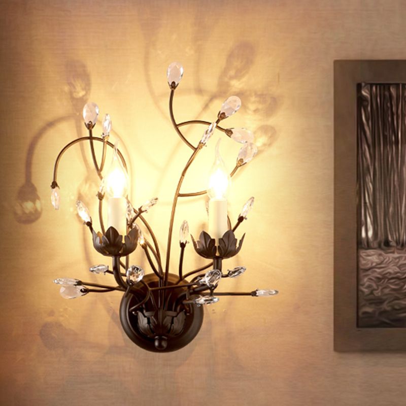Crystal Candle Shape Wall Sconce Modern Style 2 Lights Wall Light Fixture in Black
