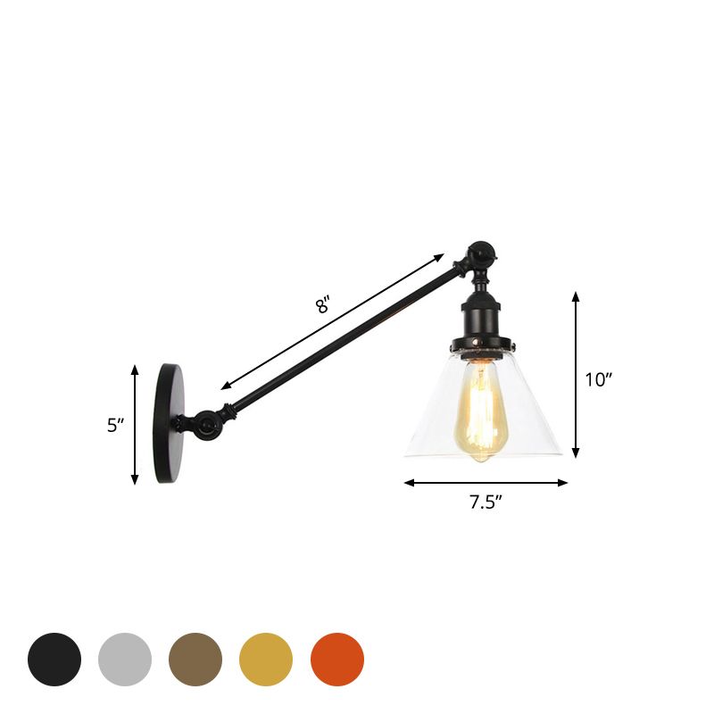 Industrial Conical Sconce Light 1 Light Clear Glass Lighting Fixture in Black/Bronze/Brass, 8"/12" L Arm